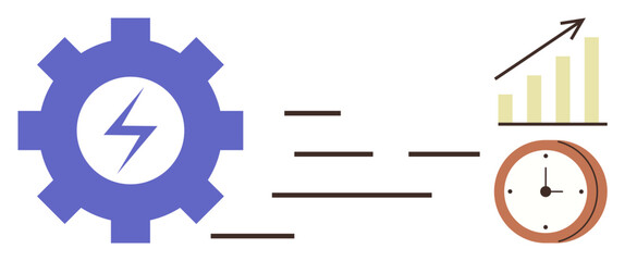 Gear with lightning, speed lines, chart with upward trend, and clock represent efficiency, growth, and time management. Ideal for productivity, progress, energy business planning optimization