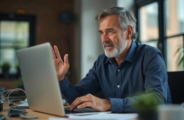 Mature man in office uses laptop. He waves at web camera during video call. Businessman talks online. Person works remotely from modern workspace. Telecommunication with a colleague.