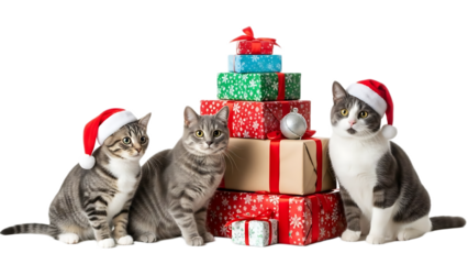 Three cats wearing santa hats sitting near a stack of christmas presents on a black background
