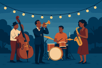 Fototapeta premium Outdoor Jazz Band Performance Under String Lights