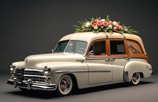 Vintage cream hearse car adorned with pink and white roses on roof. Wooden paneling accents vehicle sides. Funeral procession transport vehicle ready for burial service.
