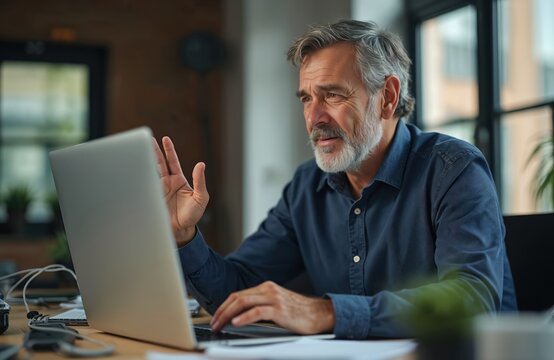 Mature man in office uses laptop. He waves at web camera during video call. Businessman talks online. Person works remotely from modern workspace. Telecommunication with a colleague.