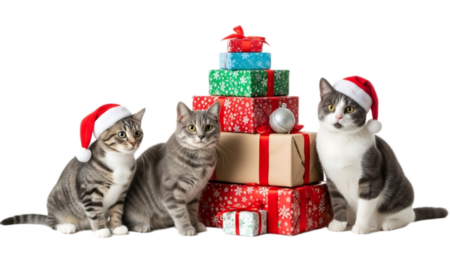 Three cats wearing santa hats sitting near a stack of christmas presents on a black background - Powered by Adobe