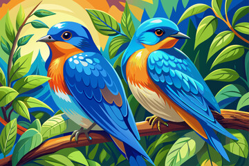 Two bluebirds are sitting on a natural branch, vibrant colorful feathers, detailed photography of wildlife birds, peaceful nature scenes and ornithological concepts in a clear environment.