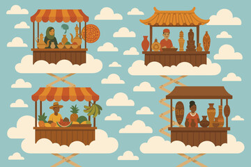 Naklejka premium Floating Cloud Market Featuring Global Cultural Stalls