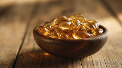 Golden translucent capsules of omega 3, fish oil in wooden bowl on rustic table. Health and wellness supplement concept