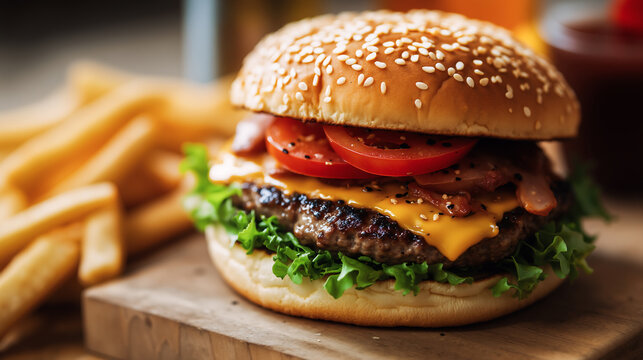 Close up gourmet cheeseburger with bacon, lettuce, and tomato, served with golden french fries on wooden board. Fast food and restaurant menu item