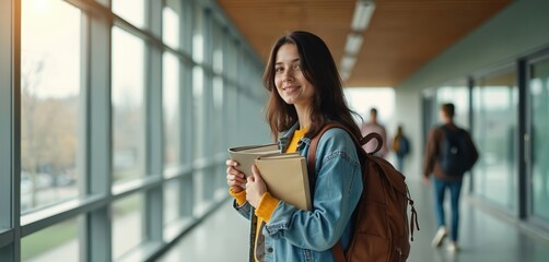 Young smiling female student with backpack and books walks along university corridor. She is ready for classes at college campus, pursuing her future education.