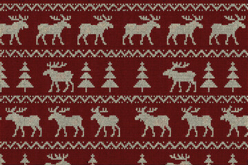 Traditional knitted Christmas sweater pattern with reindeer and pine trees