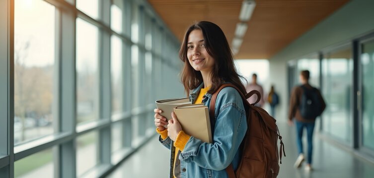 Young smiling female student with backpack and books walks along university corridor. She is ready for classes at college campus, pursuing her future education.