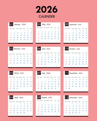 Vector calendar designs for 2026 business schedule planner with month, date, and week time organizer in a page.