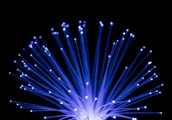 A cluster of fiber optic cables glows with brilliant blue light against a pitch-black background, symbolizing data transmission.