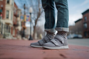 A person stands on a red brick sidewalk, wearing blue denim jeans, patterned socks, and gray strap shoes in an urban environment.
