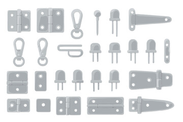 Fototapeta premium Metal hardware icon set with hinges, latches, and fasteners