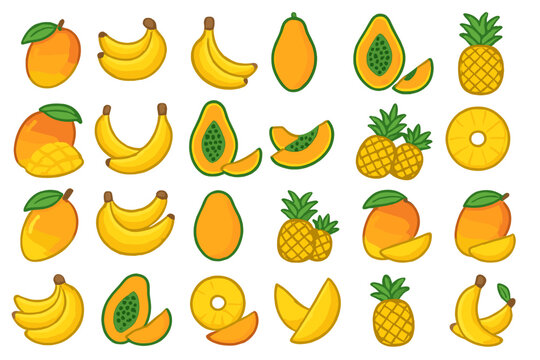 Tropical fruit icon set with bananas, mangoes, papayas, and pineapples