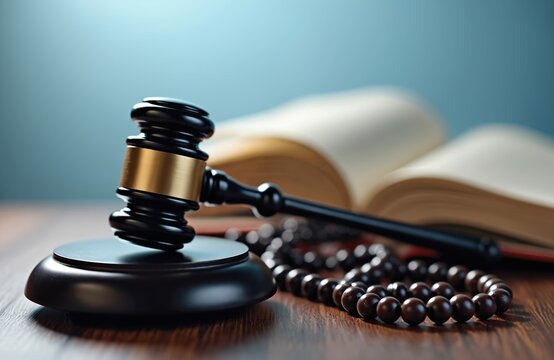 Islamic law concept with gavel and open book. Prayer beads lie near judge hammer. Justice symbol and religious text create legal and faith scene.