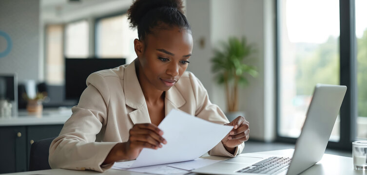 Black business woman working with documents and laptop in office. Female pro studies paper report at workplace. Businesswoman analyzes data for planning corporate strategy