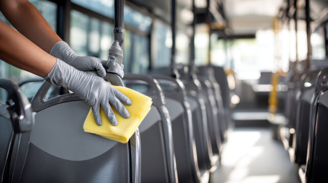Cleaning a bus seat for hygiene and cleanliness. A person wearing gloves is cleaning a bus seat with a yellow cloth, ensuring cleanliness and hygiene in public transport.