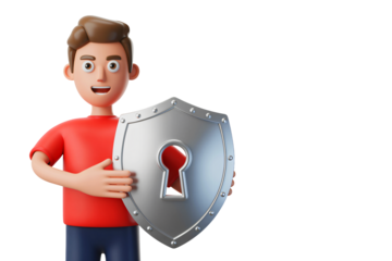 Cartoon man holding silver shield with keyhole in 3D illustration with bright studio lighting for cybersecurity
