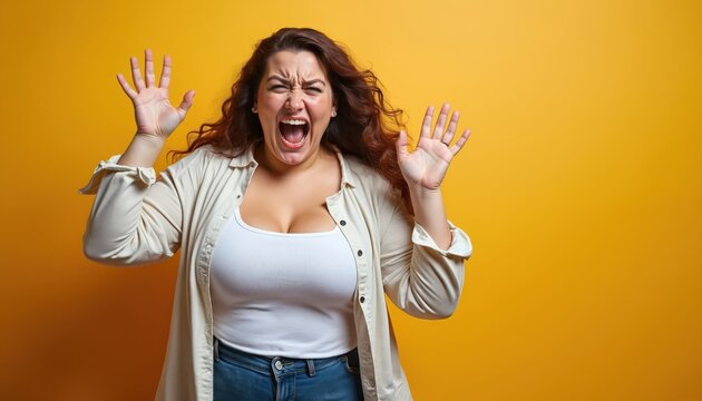 Plus size woman shouts with raised hands. Female shows rage. Brunette screams with anger. Girl in casual style shouts with frustration on yellow background. Bad news concept. Stress, emotion.