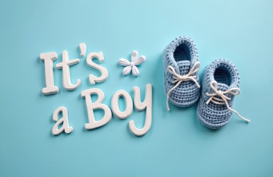 Composition featuring text Its Boy with small blue crochet baby booties and flower decor on light blue background. Newborn arrival announcement card idea. Concept of new life greeting and baby shower. - Powered by Adobe