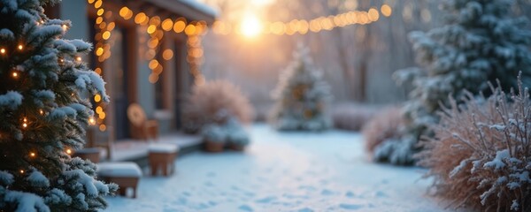 Naklejka premium Snow covered garden with festive lights and trees. Cozy winter day, warm glow from building lights and sunset. Outdoor nature setting with blurred elements.
