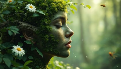 Obraz premium Green fairy portrait with leaves, flowers on face. Concept for eco awareness. Surreal goddess with harmony. Perfect for nature conservation projects. Magical woman beauty environment, growth.