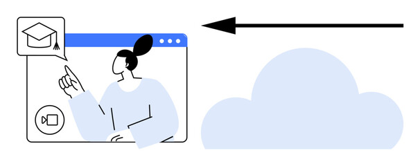 Online learning. A learner interacts with a course through video calls with cloud-based data sharing. Online learning fosters accessible education, teamwork, and remote collaboration. For e-learning
