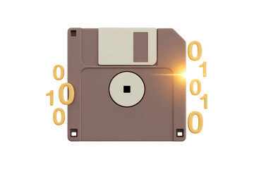 Floppy Disk in Digital Binary Code Style with Orange Glow and Isolated White Background for Technology Illustration