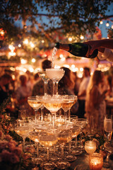 Champagne tower being filled at a festive outdoor celebration with warm golden lights and a lively atmosphere