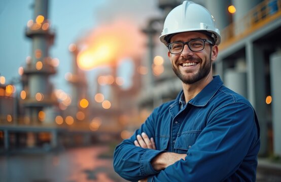 Smiling man in hard hat and safety glasses works at refinery. He wears blue uniform, arms crossed, background shows industrial plant with lights.