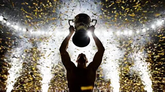 Silhouette figure raising championship trophy amidst golden confetti and stadium lights
