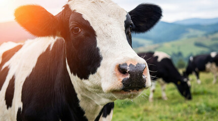 Close-up dairy cow on lush highland pasture with warm, serene lighting.