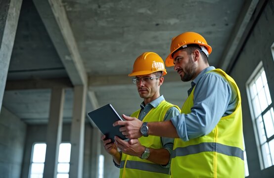 Two engineers wearing hard hats, safety vests consult tablet on construction site. Reviewing plans, discussing building progress of structure. Teamwork evident as collaborate on project.