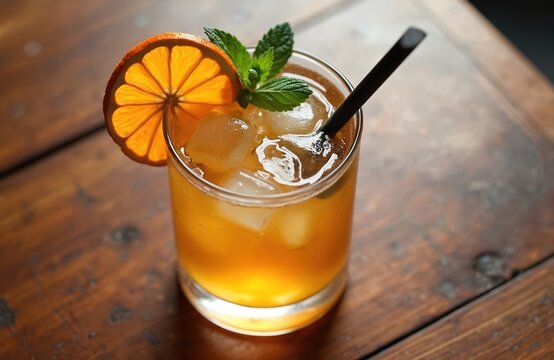Whiskey sour cocktail with orange slice and mint. Refreshing alcoholic drink on a wooden table. Classic mixed cocktail with ice and straw. Weekend bar scene. - Powered by Adobe