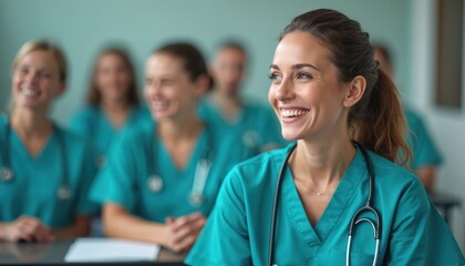 Group of doctors attends medical seminar. Smiling female nurse listens to lecture. Medical staff learning, talking in classroom. Students gain proficiency, deepen knowledge in clinic. Confident