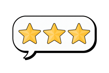 Three star rating in cartoon speech bubble with yellow stars on white background for customer review