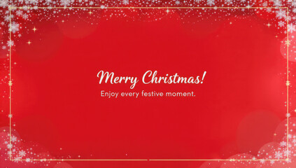 A vibrant red "Merry Christmas!" greeting card, framed by sparkling snowflakes, stars, and a golden border. Enjoy the festive season.