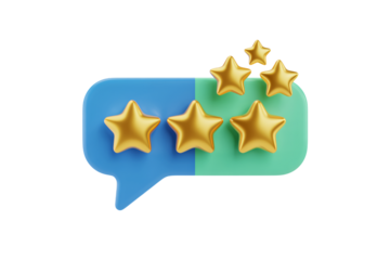Five gold stars in speech bubble with blue green gradient in 3D rendering for customer review