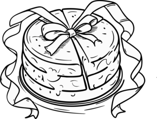 A round layered cake decorated as a gift box with a large ribbon bow on top, illustrated in a playful black-and-white doodle style.