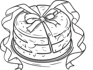 A round layered cake decorated as a gift box with a large ribbon bow on top, illustrated in a playful black-and-white doodle style.
