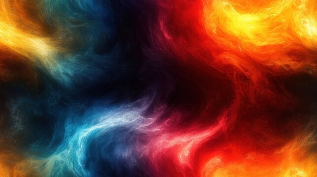 A dramatic, swirling space scene filled with vibrant red, orange, yellow, and blue hues, contrasted against a dark, star-speckled background. Evokes a sense of wonder and the vastness of the universe.