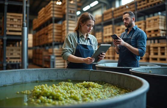 Two winery workers inspect green grapes in stainless steel tank using digital tablets. Colleagues check drink quality during wine production. Plant employees in aprons work with technology.