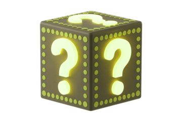 Mysterious glowing question mark cube sparks curiosity and wonder, perfect for concepts of discovery, secrets, and unknown possibilities.