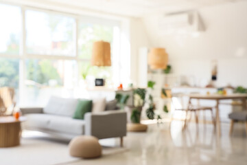 Blurred view of light kitchen with sofa, dining table and houseplants