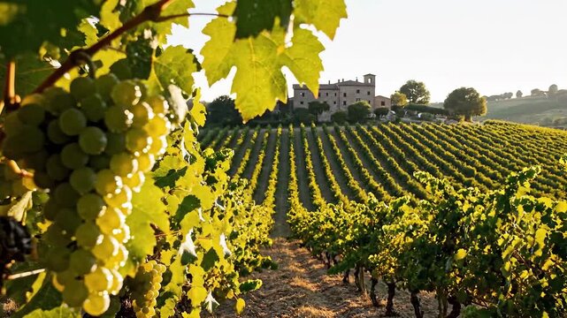 Lush Green Grapevines in a Sunny Vineyard with Distant Buildings.