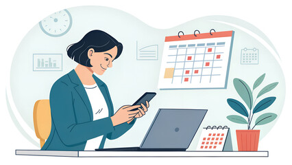 2026 Calendar event planner timetable agenda plan on organize schedule. Business woman using mobile phone with monthly calendar for event planning, Plan scheduling with laptop on office table