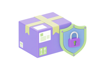 Secure package delivery represented by a locked shield guarding a purple shipping box, ensuring safe transit and protected goods for e-commerce.