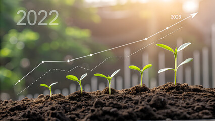 Seedling are growing from soil with growth comparative year 2019 to 2026. Concept of business growth, profit, agriculture, development and success graph.