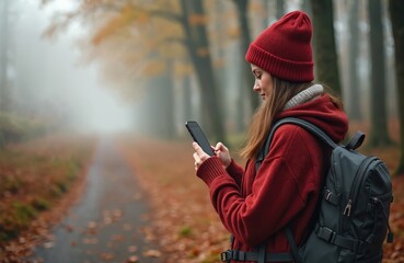 Young woman in red hat using phone in autumn forest. Lady with backpack hiking outdoor. Female tourist checks travel app for navigation or direction.